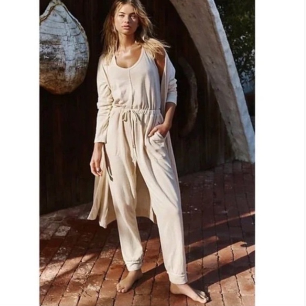 Free People Womens Bicoastal Set Elegant Cream Jumpsuit With Matching Duster